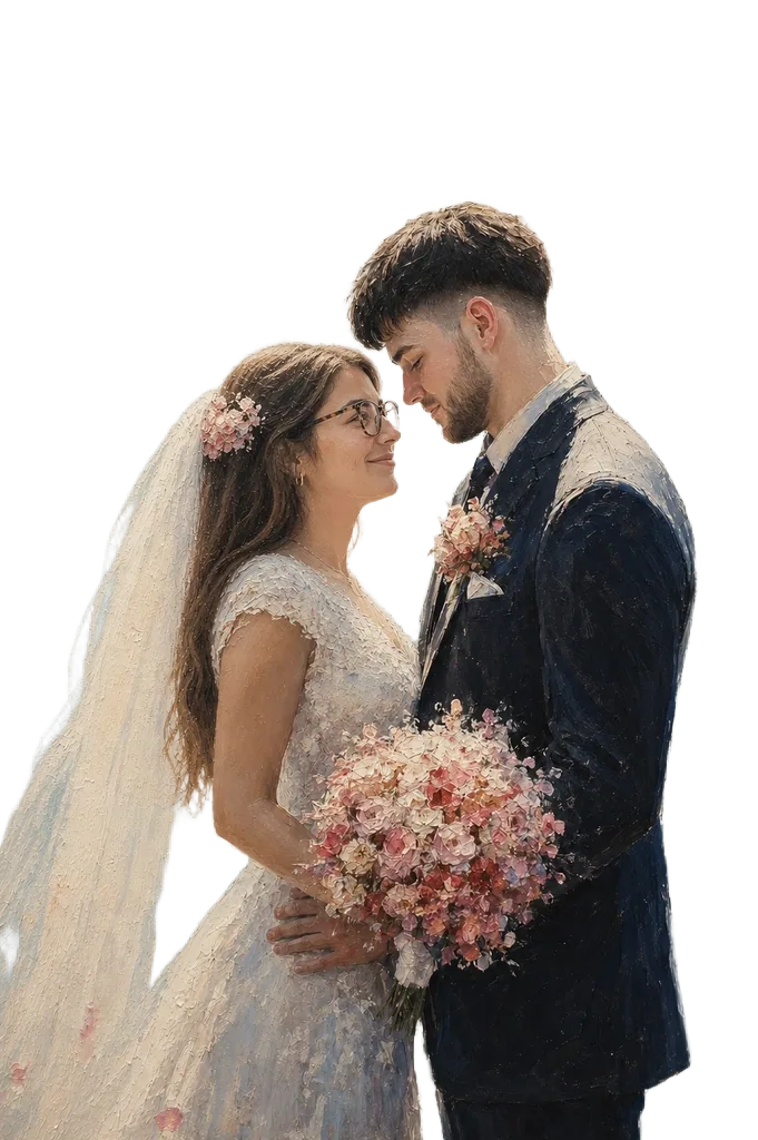 An illustrated wedding portrait of Alex and Madison